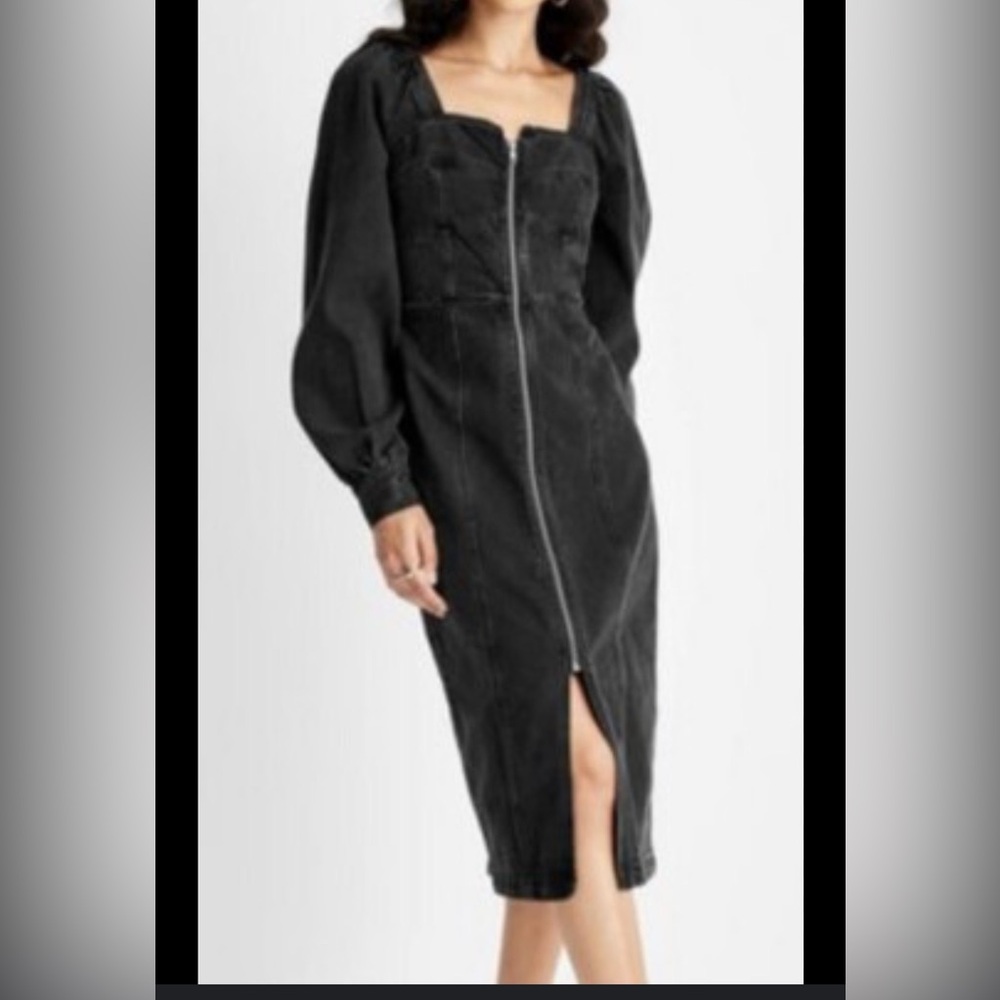 Future Collective Kahlana Brown Bayfield puff sleeve zip front aline denim dress